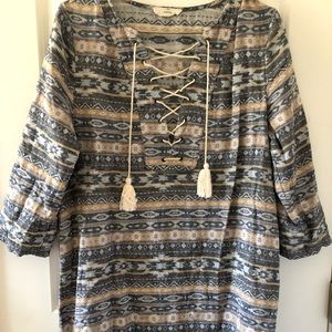 Aztec Printed Dress/Tunic with Lace-Up Neckline